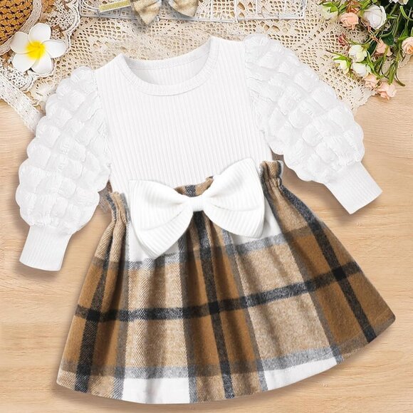 Stylish Cotton Blend Baby Girl Dress with Puff Sleeves & Bowknot Headband 12-18M - Picture 4 of 6